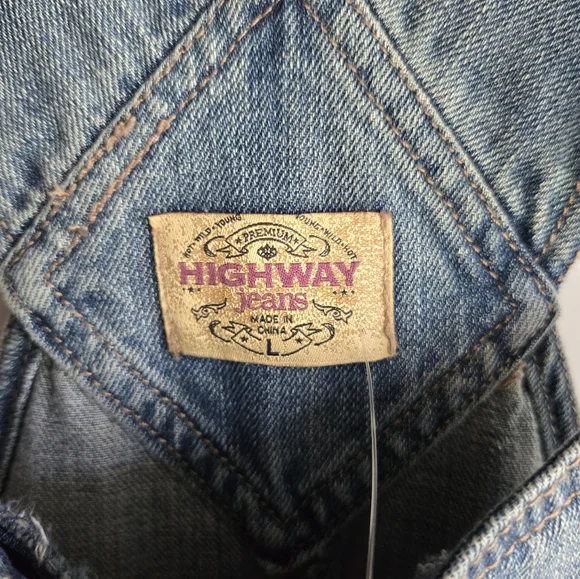 NWT Highway Jeans Distressed Denim Shot Overalls Size L Blue - Picture 4 of 7